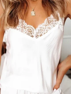 Discount Women's Pajama Set Casual Comfort Pure Color Lace Elastic Waist Strap Top Shorts Home Daily Sleeveless Straps Black White Pink Wine Summer Spring Regular Fit Women Sleepwear