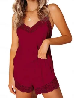 Discount Women's Pajama Set Casual Comfort Pure Color Lace Elastic Waist Strap Top Shorts Home Daily Sleeveless Straps Black White Pink Wine Summer Spring Regular Fit Women Sleepwear