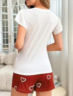 Hot Women's Pajama Set Casual Comfort Heart Elastic Waist T Shirt Shorts Home Valentine's Day Daily Short Sleeve Crew Neck Summer Spring Regular Fit Women Pajama-Setter