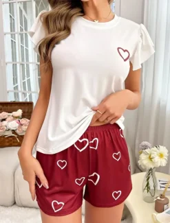 Hot Women's Pajama Set Casual Comfort Heart Elastic Waist T Shirt Shorts Home Valentine's Day Daily Short Sleeve Crew Neck Summer Spring Regular Fit Women Pajama-Setter