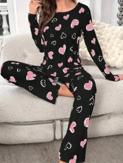Discount Women's Pajama Set Casual Comfort Comfrt Heart T Shirt Pant Home Long Sleeve Crew Neck Spring Fall Winter Women Pajama-Setter