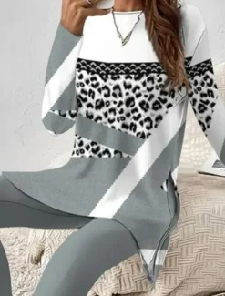 Discount Women's Pajama Set Loungewear Round Neck Long Sleeve Casual Sleepwear Fashion Pants Sets Pants Trousers Color Block Print Daily Regular Fit Women Sleepwear