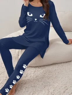 Outlet Women's Pajama Set Loungewear Round Neck Long Sleeve Casual Tee Pants Sets Print Outdoor Sports Daily Black Spring & Fall Home Outfits Women Sleepwear