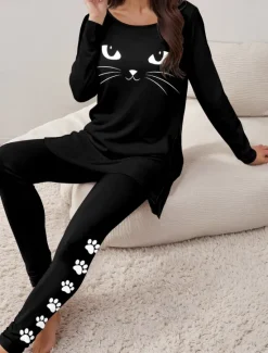 Outlet Women's Pajama Set Loungewear Round Neck Long Sleeve Casual Tee Pants Sets Print Outdoor Sports Daily Black Spring & Fall Home Outfits Women Sleepwear