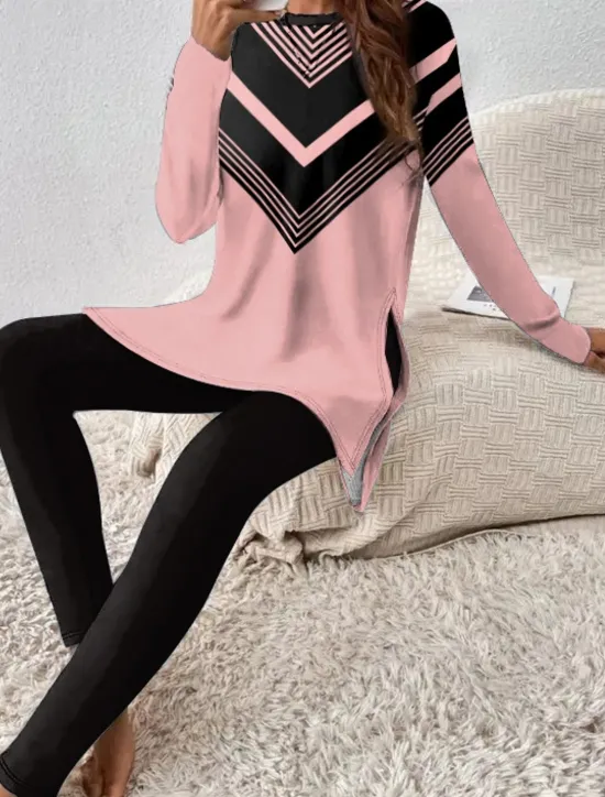 Online Women's Pajama Set Loungewear Round Neck Long Sleeve Casual Sports Daily Pants Sets Pants Trousers Striped Print Outdoor White Pink Blue Spring & Fall Regular Fit Women Two Piece Sets