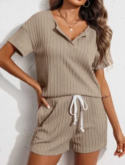 Hot Women's Pajama Set Pure Color Casual Comfort Home Daily Spandex Comfort V Wire Short Sleeve Pant Elastic Waist Summer Home Outfits Women Pajama-Setter