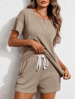 Hot Women's Pajama Set Pure Color Casual Comfort Home Daily Spandex Comfort V Wire Short Sleeve Pant Elastic Waist Summer Home Outfits Women Pajama-Setter