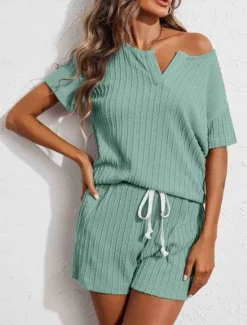 Hot Women's Pajama Set Pure Color Casual Comfort Home Daily Spandex Comfort V Wire Short Sleeve Pant Elastic Waist Summer Home Outfits Women Pajama-Setter
