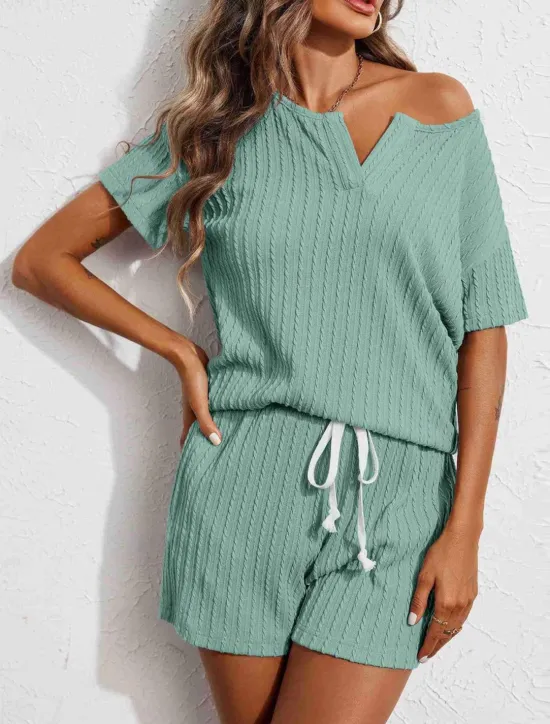 Hot Women's Pajama Set Pure Color Casual Comfort Home Daily Spandex Comfort V Wire Short Sleeve Pant Elastic Waist Summer Home Outfits Women Pajama-Setter