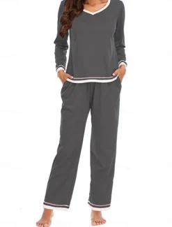 Best Women's Pajama Set Pure Color Casual Comfort Home Daily Cotton Comfort Warm Crew Neck Long Sleeve T shirt Pant Elastic Waist Fall Winter Home Outfits Women Pajama-Setter