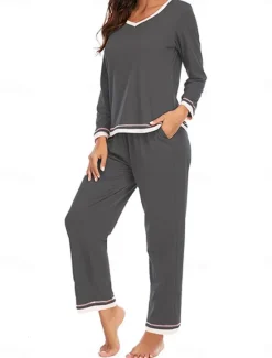 Best Women's Pajama Set Pure Color Casual Comfort Home Daily Cotton Comfort Warm Crew Neck Long Sleeve T shirt Pant Elastic Waist Fall Winter Home Outfits Women Pajama-Setter