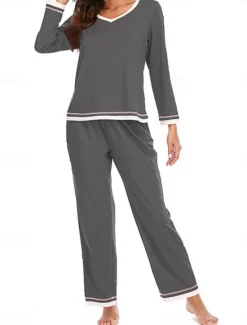 Best Women's Pajama Set Pure Color Casual Comfort Home Daily Cotton Comfort Warm Crew Neck Long Sleeve T shirt Pant Elastic Waist Fall Winter Home Outfits Women Pajama-Setter
