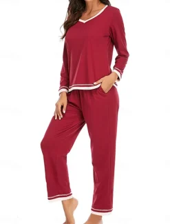 Best Women's Pajama Set Pure Color Casual Comfort Home Daily Cotton Comfort Warm Crew Neck Long Sleeve T shirt Pant Elastic Waist Fall Winter Home Outfits Women Pajama-Setter