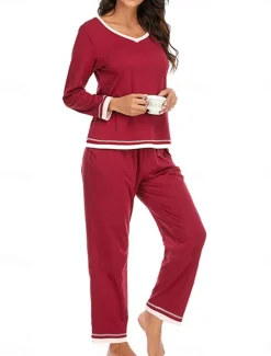 Best Women's Pajama Set Pure Color Casual Comfort Home Daily Cotton Comfort Warm Crew Neck Long Sleeve T shirt Pant Elastic Waist Fall Winter Home Outfits Women Pajama-Setter