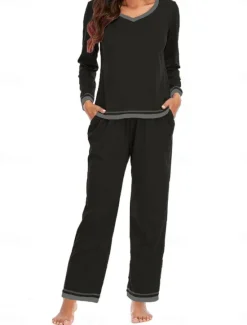 Best Women's Pajama Set Pure Color Casual Comfort Home Daily Cotton Comfort Warm Crew Neck Long Sleeve T shirt Pant Elastic Waist Fall Winter Home Outfits Women Pajama-Setter