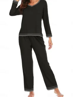 Best Women's Pajama Set Pure Color Casual Comfort Home Daily Cotton Comfort Warm Crew Neck Long Sleeve T shirt Pant Elastic Waist Fall Winter Home Outfits Women Pajama-Setter
