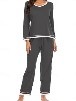 Best Women's Pajama Set Pure Color Casual Comfort Home Daily Cotton Comfort Warm Crew Neck Long Sleeve T shirt Pant Elastic Waist Fall Winter Home Outfits Women Pajama-Setter