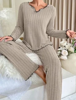 Sale Women's Pajama Set Pure Color Casual Comfort Home Daily Comfort Warm V Neck Long Sleeve T shirt Pant Elastic Waist Fall Winter Home Outfits Women Sleepwear