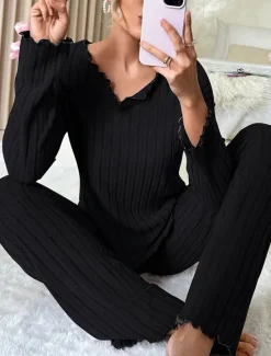 Sale Women's Pajama Set Pure Color Casual Comfort Home Daily Comfort Warm V Neck Long Sleeve T shirt Pant Elastic Waist Fall Winter Home Outfits Women Sleepwear