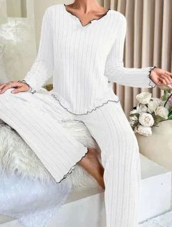 Sale Women's Pajama Set Pure Color Casual Comfort Home Daily Comfort Warm V Neck Long Sleeve T shirt Pant Elastic Waist Fall Winter Home Outfits Women Sleepwear