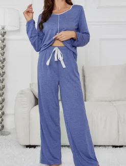 Discount Women's Pajama Set Pure Color Casual Comfort Home Daily Comfort Warm V Neck Long Sleeve T shirt Tee Pant Elastic Waist Fall Winter Home Outfits Women Pajama-Setter