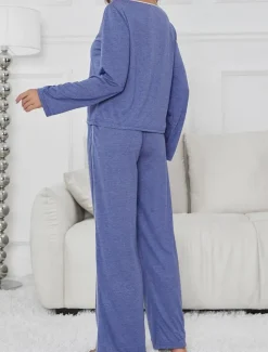 Discount Women's Pajama Set Pure Color Casual Comfort Home Daily Comfort Warm V Neck Long Sleeve T shirt Tee Pant Elastic Waist Fall Winter Home Outfits Women Pajama-Setter