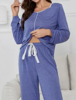 Discount Women's Pajama Set Pure Color Casual Comfort Home Daily Comfort Warm V Neck Long Sleeve T shirt Tee Pant Elastic Waist Fall Winter Home Outfits Women Pajama-Setter