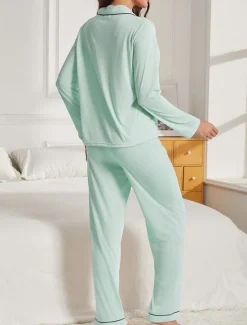 Outlet Women's Pajama Set Pure Color Casual Comfort Home Daily Comfort Warm Lapel Long Sleeve Shirt Pant Button Up Elastic Waist Fall Winter Home Outfits Women Pajama-Setter