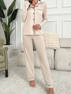 Outlet Women's Pajama Set Pure Color Casual Comfort Home Daily Comfort Warm Lapel Long Sleeve Shirt Pant Button Up Elastic Waist Fall Winter Home Outfits Women Pajama-Setter