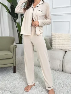 Outlet Women's Pajama Set Pure Color Casual Comfort Home Daily Comfort Warm Lapel Long Sleeve Shirt Pant Button Up Elastic Waist Fall Winter Home Outfits Women Pajama-Setter