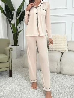 Outlet Women's Pajama Set Pure Color Casual Comfort Home Daily Comfort Warm Lapel Long Sleeve Shirt Pant Button Up Elastic Waist Fall Winter Home Outfits Women Pajama-Setter
