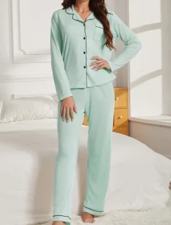 Outlet Women's Pajama Set Pure Color Casual Comfort Home Daily Comfort Warm Lapel Long Sleeve Shirt Pant Button Up Elastic Waist Fall Winter Home Outfits Women Pajama-Setter