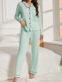 Outlet Women's Pajama Set Pure Color Casual Comfort Home Daily Comfort Warm Lapel Long Sleeve Shirt Pant Button Up Elastic Waist Fall Winter Home Outfits Women Pajama-Setter