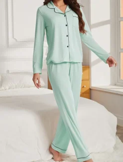Outlet Women's Pajama Set Pure Color Casual Comfort Home Daily Comfort Warm Lapel Long Sleeve Shirt Pant Button Up Elastic Waist Fall Winter Home Outfits Women Pajama-Setter