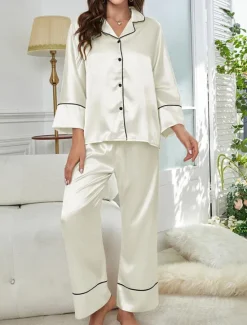 Women's Pajama Set Pure Color Casual Comfort Home Daily Satin Silk Comfort Warm Lapel Long Sleeve Shirt Pant Button Up Elastic Waist Fall Winter Home Outfits Women Pajama-Setter