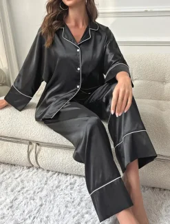 Women's Pajama Set Pure Color Casual Comfort Home Daily Satin Silk Comfort Warm Lapel Long Sleeve Shirt Pant Button Up Elastic Waist Fall Winter Home Outfits Women Pajama-Setter