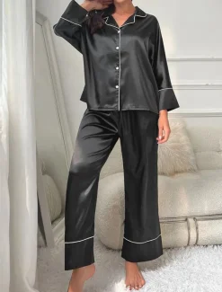 Women's Pajama Set Pure Color Casual Comfort Home Daily Satin Silk Comfort Warm Lapel Long Sleeve Shirt Pant Button Up Elastic Waist Fall Winter Home Outfits Women Pajama-Setter
