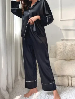 Women's Pajama Set Pure Color Casual Comfort Home Daily Satin Silk Comfort Warm Lapel Long Sleeve Shirt Pant Button Up Elastic Waist Fall Winter Home Outfits Women Pajama-Setter