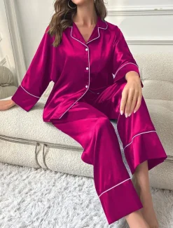 Women's Pajama Set Pure Color Casual Comfort Home Daily Satin Silk Comfort Warm Lapel Long Sleeve Shirt Pant Button Up Elastic Waist Fall Winter Home Outfits Women Pajama-Setter