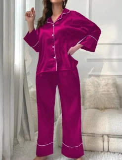 Women's Pajama Set Pure Color Casual Comfort Home Daily Satin Silk Comfort Warm Lapel Long Sleeve Shirt Pant Button Up Elastic Waist Fall Winter Home Outfits Women Pajama-Setter