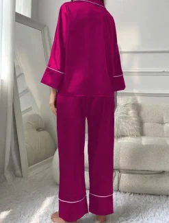 Women's Pajama Set Pure Color Casual Comfort Home Daily Satin Silk Comfort Warm Lapel Long Sleeve Shirt Pant Button Up Elastic Waist Fall Winter Home Outfits Women Pajama-Setter