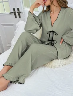 Women's Pajama Set Pure Color Casual Comfort Home Daily Comfort Warm V Neck Long Sleeve Shirt Pant Elastic Waist Fall Winter Home Outfits Women Pajama-Setter