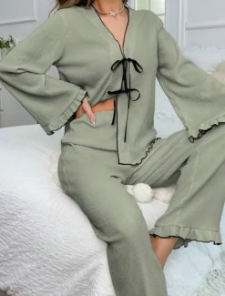 Women's Pajama Set Pure Color Casual Comfort Home Daily Comfort Warm V Neck Long Sleeve Shirt Pant Elastic Waist Fall Winter Home Outfits Women Pajama-Setter