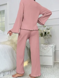 Women's Pajama Set Pure Color Casual Comfort Home Daily Comfort Warm V Neck Long Sleeve Shirt Pant Elastic Waist Fall Winter Home Outfits Women Pajama-Setter