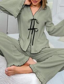 Women's Pajama Set Pure Color Casual Comfort Home Daily Comfort Warm V Neck Long Sleeve Shirt Pant Elastic Waist Fall Winter Home Outfits Women Pajama-Setter