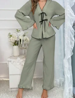 Women's Pajama Set Pure Color Casual Comfort Home Daily Comfort Warm V Neck Long Sleeve Shirt Pant Elastic Waist Fall Winter Home Outfits Women Pajama-Setter