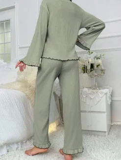 Women's Pajama Set Pure Color Casual Comfort Home Daily Comfort Warm V Neck Long Sleeve Shirt Pant Elastic Waist Fall Winter Home Outfits Women Pajama-Setter