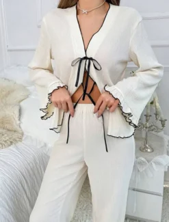 Women's Pajama Set Pure Color Casual Comfort Home Daily Comfort Warm V Neck Long Sleeve Shirt Pant Elastic Waist Fall Winter Home Outfits Women Pajama-Setter
