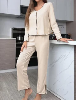 New Women's Pajama Set Pure Color Casual Comfort Home Daily Comfort Warm V Neck Long Sleeve T shirt Pant Button Up Elastic Waist Fall Winter Home Outfits Women Pajama-Setter