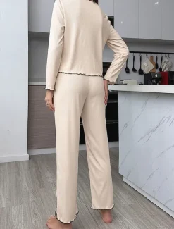 New Women's Pajama Set Pure Color Casual Comfort Home Daily Comfort Warm V Neck Long Sleeve T shirt Pant Button Up Elastic Waist Fall Winter Home Outfits Women Pajama-Setter